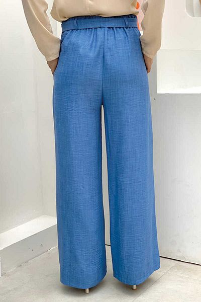 Bym Fashion Button Detailed Waist Tied Pocket Loose Trousers 0275 Indigo
