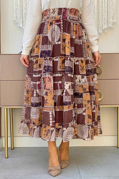 Bym Fashion Φούστα σιφόν με μοτίβο με λεπτομέρειες σε χοντρή μέση 1182 καφέ