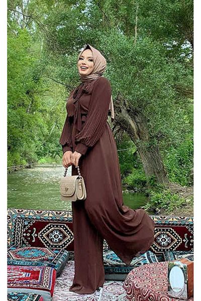 Bym Fashion Ολόσωμη φόρμα σιφόν με πλισέ και γιακά με λεπτομέρεια μέσης 3507 καφέ