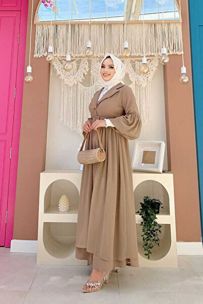 Bym Fashion Belt Accessory Chiffon Detailed Abaya and Underwear Set 8391 Mink
