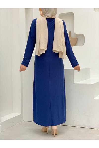 Bym Fashion Φόρεμα με μονόχρωμη λαιμόκοψη με μακρυμάνικο εσωτερικό αμμώδες φόρεμα 3202 Navy Blue