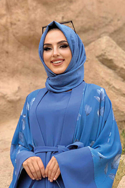 Bym Fashion Patterned Abaya Plain Pocket Detail Belted Zero Sleeve Jumpsuit Set 8312 Indigo