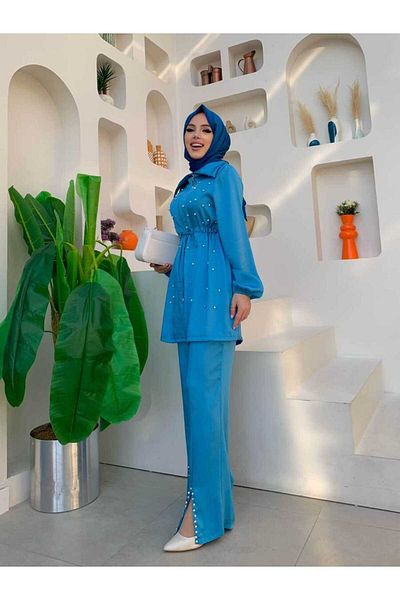 Bym Fashion Σετ παντελόνι με φερμουάρ με μαργαριταρένιο λαιμό και σχίσιμο 8415 μπλε