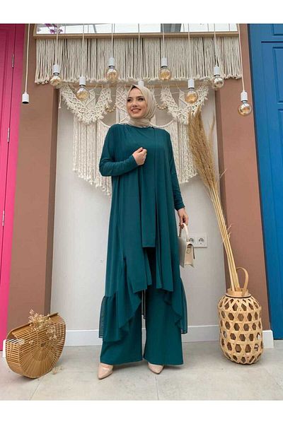 Bym Fashion Σιφόν Ruffle Appearance Τριπλό Σετ με Αμπαζούρ 8411 Emerald