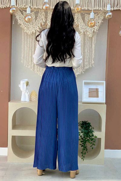Bym Fashion Πλισέ παντελόνι με ελαστική μέση με δαντέλα 0129 Petrol Blue
