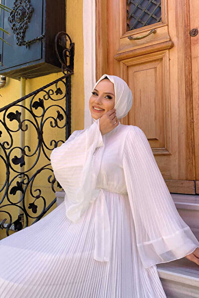 Bym Fashion Pleated Ruffle Look Lined Chiffon Dress 3404 Ecru