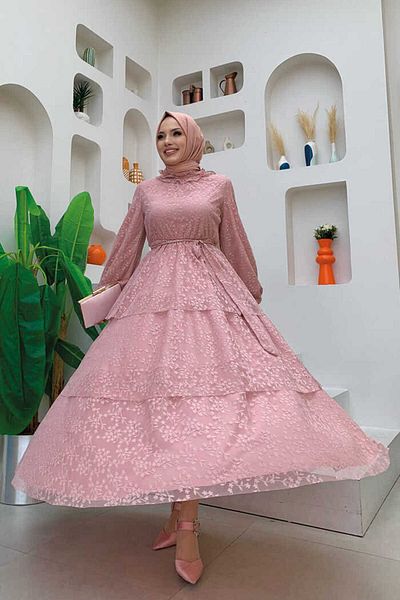 Bym Fashion Δαντέλα με λεπτομέρειες μανσέτες με ελαστικό φόρεμα με ζώνη 3614 σε σκόνη
