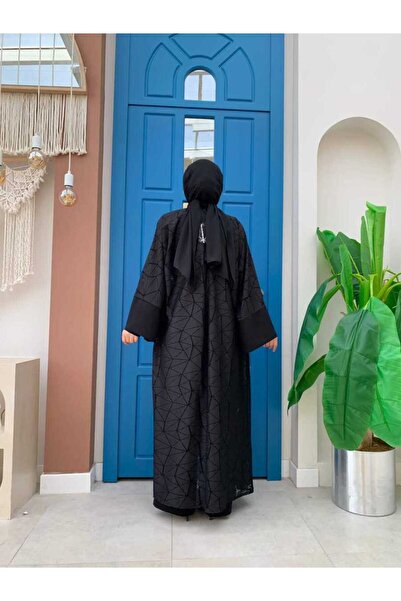 Bym Fashion Lace Abaya Waist Belted Pocket Detailed Jumpsuit Set 3782 Black