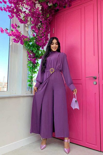 Bym Fashion بذلة بأزرار وخصر مطاطي مع إكسسوار حزام 3757 أرجواني