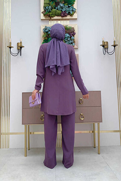 Bym Fashion Stone Print Patterned Tunic Trousers Set 8447 Lilac