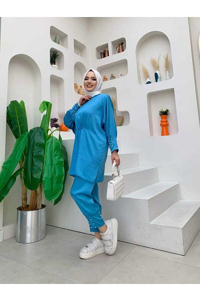 Bym Fashion Διπλό Σετ με Μπροστινή Λεπτομέρεια Gather και Λεπτομέρεια Κέντημα Πέρλα 8416 Μπλε