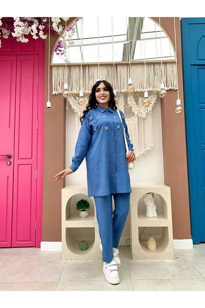 Bym Fashion Μπλε Tshirt-Pants Uniforms Number 8404 Stone Detail Κουμπί Μονάδα Διπλό Σετ