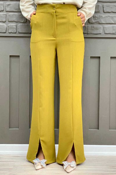 Bym Fashion Zippered Slit Detailed Pocketed Crepe Trousers 0271 Mustard