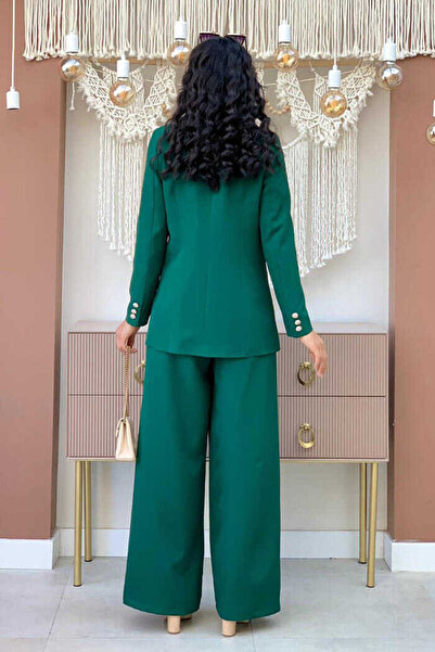 Bym Fashion Button Detail Blazer Jacket Loose Pants Set 8302 Emerald