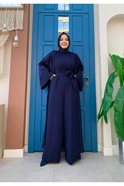 Bym Fashion Lace Abaya Waist Belted Pocket Detailed Jumpsuit Set 3782 Navy Blue