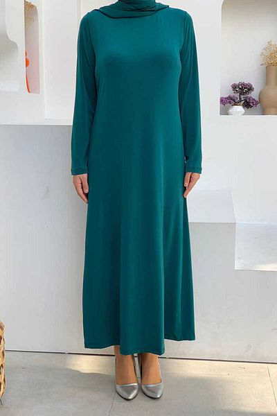 Bym Fashion Φόρεμα με μονόχρωμη λαιμόκοψη με μακρυμάνικο εσωτερικό αμμώδες φόρεμα 3202 Emerald