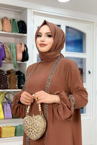 Bym Fashion Πέτρινη φόρεμα Abaya Zero Sleeve 3657 Καφέ