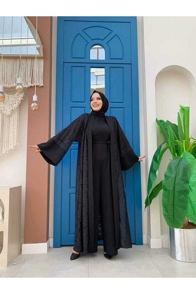 Bym Fashion Δαντέλα Abaya Ζώνη μέσης με λεπτομέρεια τσέπης Σετ 3782 Μαύρο