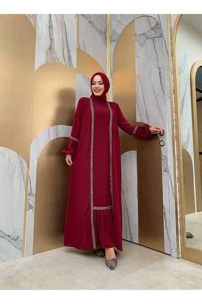 Bym Fashion Πέτρινο Σετ Φόρεμα Abaya Zero Sleeve 3657 Claret Red