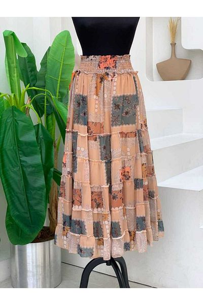 Bym Fashion Φούστα σιφόν με μοτίβο με λεπτομέρειες με χοντρή μέση 1182 Mink