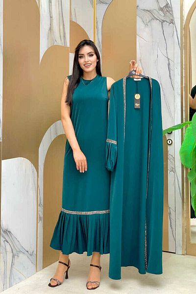 Bym Fashion Πέτρινο Σετ Φόρεμα Abaya Zero Sleeve 3657 Emerald