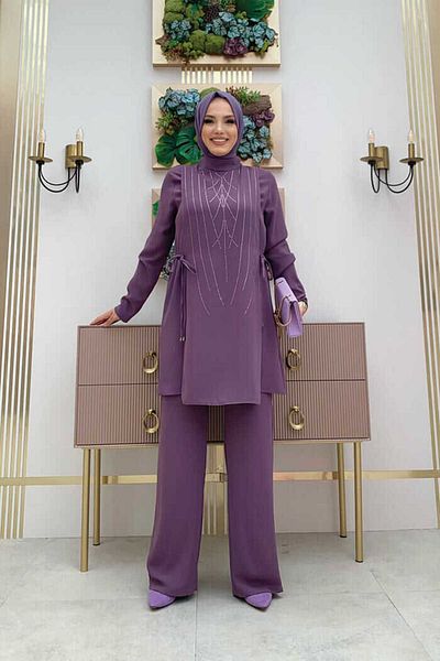 Bym Fashion Stone Print Patterned Tunic Trousers Set 8447 Lilac