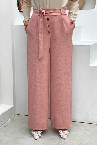 Bym Fashion Button Detailed Waist Tied Pocket Loose Trousers 0275 Dried Rose