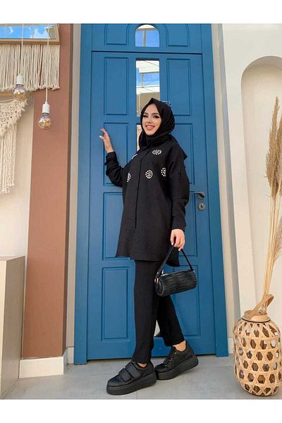 Bym Fashion Stone Detailed Buttoned Tunic and Trousers Set 8403 Black