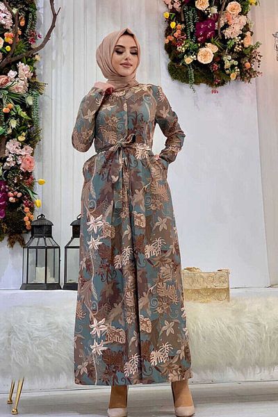 Bym Fashion Chest Hidden Buttoned Waist Belted Print Patterned Jumpsuit 3486 Mint