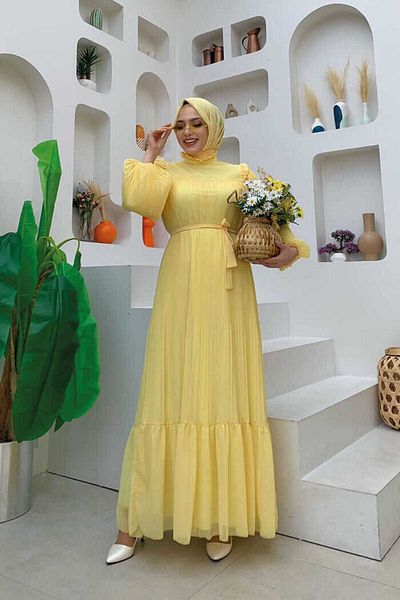 Bym Fashion Plisowana sukienka z falbaną w talii i paskiem, szyfonowa 3628 Żółta