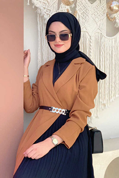 Bym Fashion Γιακάς Λεπτομερής Φούστα Πλισέ όψη Διπλό Χρώμα Ζώνη Φόρεμα 3850 Ταν