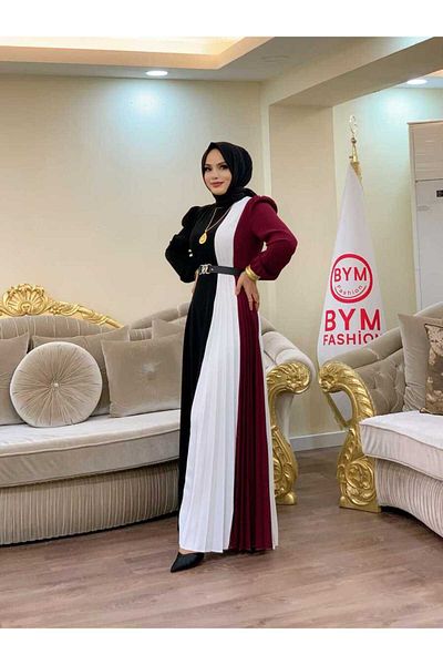 Bym Fashion Τρίχρωμη ζώνη μέσης πιέτες λεπτομέρειας Φόρεμα 3622 Claret Red