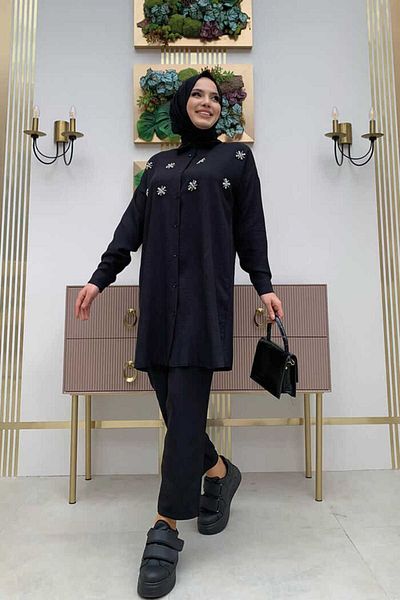 Bym Fashion Πέτρινο Κουμπωτό τουνίκ και Παντελόνι Διπλό Κοστούμι 8404 Μαύρο