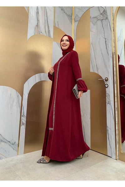 Bym Fashion Πέτρινο Σετ Φόρεμα Abaya Zero Sleeve 3657 Claret Red