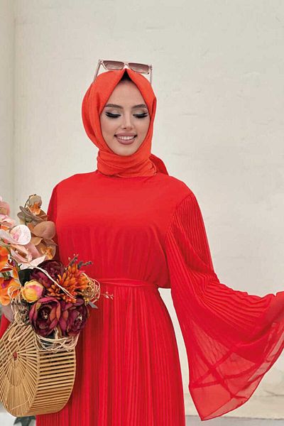 Bym Fashion Pleated Ruffle Look Lined Chiffon Dress 3404 Orange
