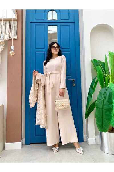 Bym Fashion Δαντελένιο Abaya με ζώνη τσέπης Λεπτομερές σετ φόρμας 3782 Πέτρα