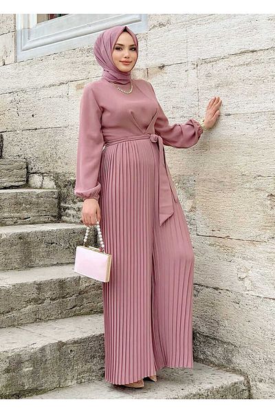 Bym Fashion Skirt Pleated Detailed Waist Belted Sleeve Cuffs Elastic Jumpsuit 3704 Powder