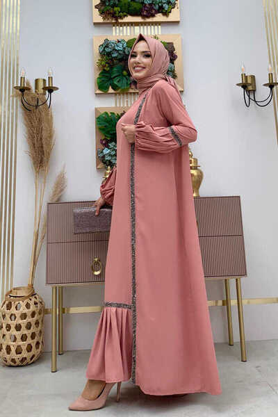 Bym Fashion Stone Detailed Abaya Zero Sleeve Dress Set 3657 Powder