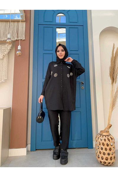 Bym Fashion Stone Detailed Buttoned Tunic and Trousers Set 8403 Black