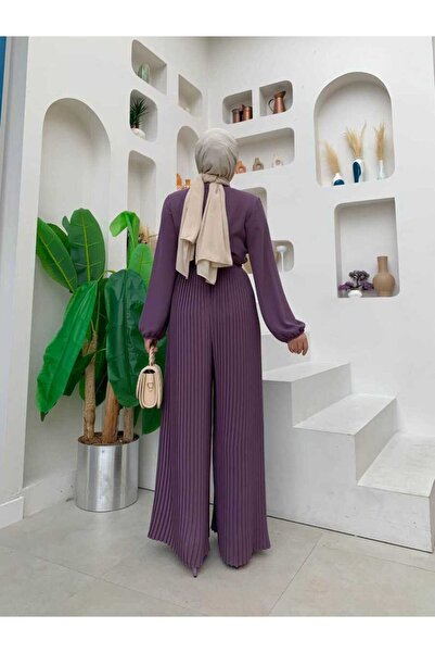 Bym Fashion Skirt Pleated Detailed Waist Belted Sleeve Cuffs Elastic Jumpsuit 3704 Purple