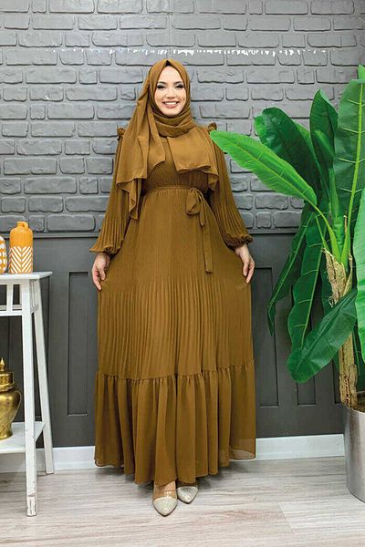 Bym Fashion Φόρεμα σιφόν με πλισέ λουκ με ζώνη 3628 μαύρισμα