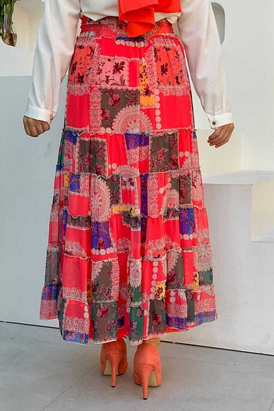 Bym Fashion Φούστα σιφόν με μοτίβο με λεπτομέρειες με χοντρή μέση 1182 φούξια