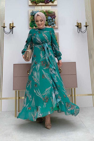 Bym Fashion Σχέδιο φύλλου Φόρεμα σιφόν λεπτομέρειας βολάν 3842 σμαραγδί