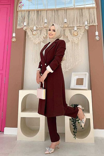 Bym Fashion Σετ παντελόνι με μακρύ μπουφάν με τσέπη και κουμπί 8357 καφέ