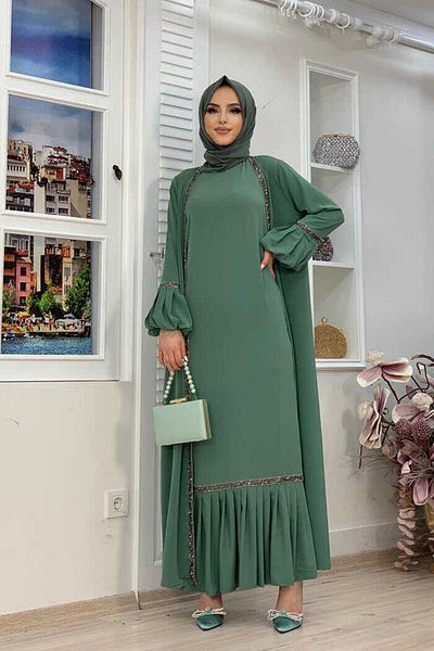 Bym Fashion Stone Detailed Abaya Zero Sleeve Dress Set 3657 Mint