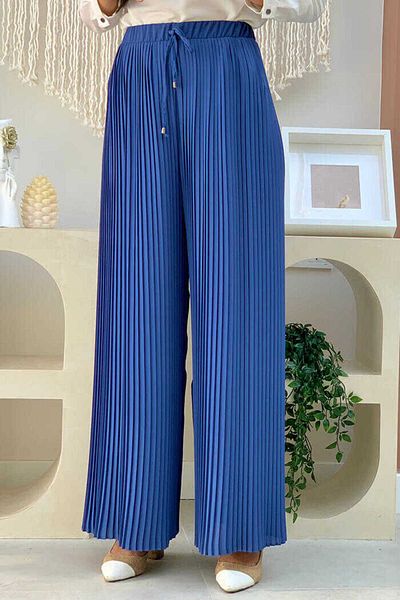 Bym Fashion Πλισέ παντελόνι με ελαστική μέση με δαντέλα 0129 Petrol Blue