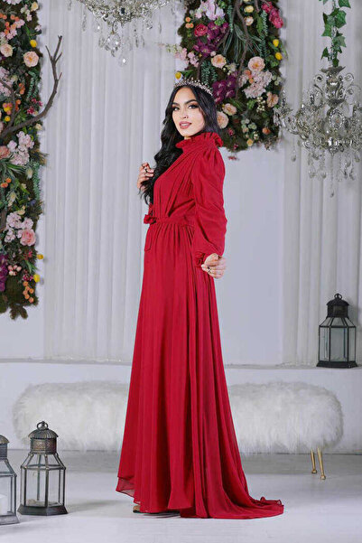 Bym Fashion Half Neck Detailed Front Layer Look Lined Chiffon Evening Dress 4976 Claret Red
