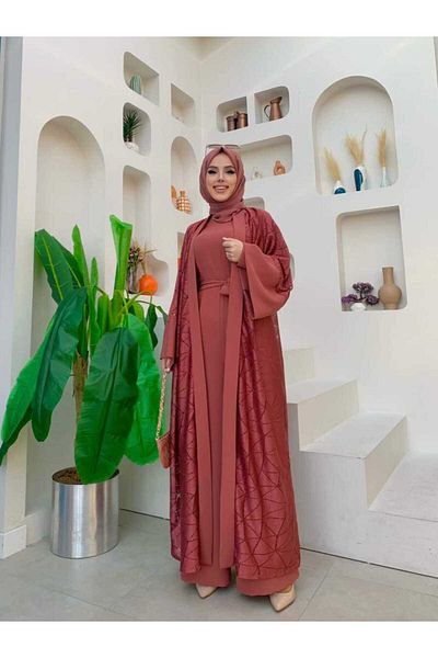Bym Fashion Δαντελένια φόρμα Abaya με ζώνη μέσης με λεπτομέρεια τσέπης 3782 Dusty Rose