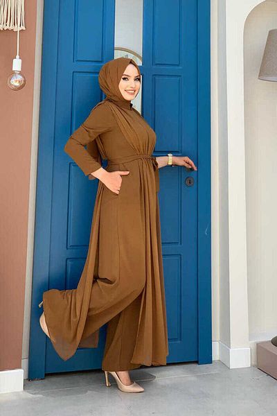 Bym Fashion Chiffon-Overall mit Umhangdetail und Taillengürtel 3330 Hellbraun
