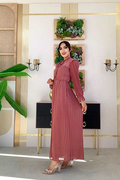 Bym Fashion Φόρεμα με πλισέ ώμο Δαντελένιο γιακά με λεπτομέρεια 3726 αποξηραμένο τριαντάφυλλο